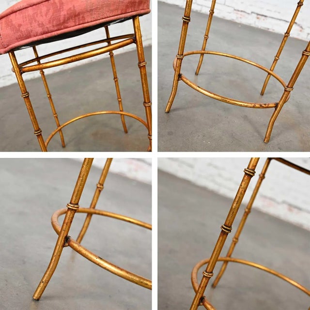 Mid-20th Century Italian Style Round Stool With Rose Damask Seat & Gilt Metal Faux Bamboo Legs For Sale - Image 11 of 13