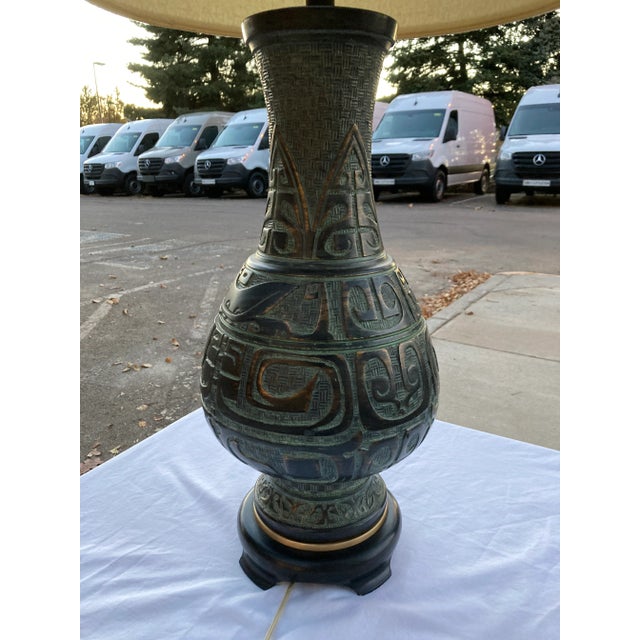 Manner of James Mont Chalkware Table Lamp in Patinated Bronze With Giant Barrel Shade - a Pair For Sale - Image 10 of 13