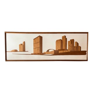 Mel Quimby Attr. 1960s Wood Veneer Cityscape Silhouette Framed Wall Art For Sale