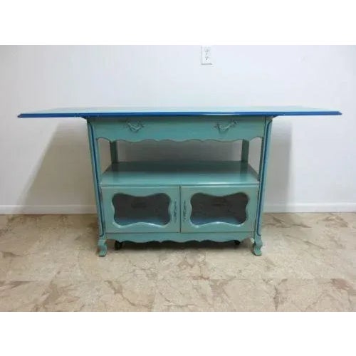 Blue Vintage French Regency Paint Decorated Drop Leaf Tea Cart Server Bar For Sale - Image 8 of 12