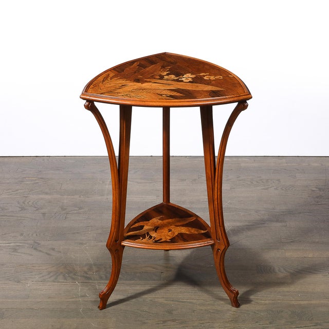 1900 - 1909 Art Nouveau Inlaid Naturalist Marquetry 2-Tier Side Table Signed Emile Galle For Sale - Image 5 of 18