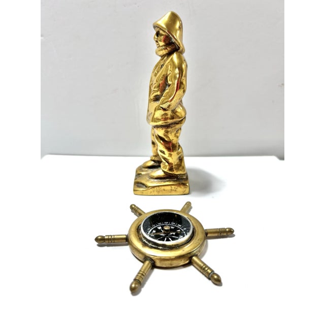 Brass Vintage Brass Nautical Fisherman Figurine With Ship Wheel Compass – Maritime Decor Set For Sale - Image 8 of 8