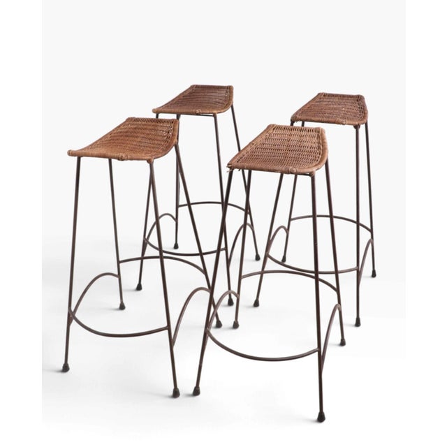 Set of Four Mid Century Wrought Iron and Wicker Bar Stools For Sale - Image 14 of 16