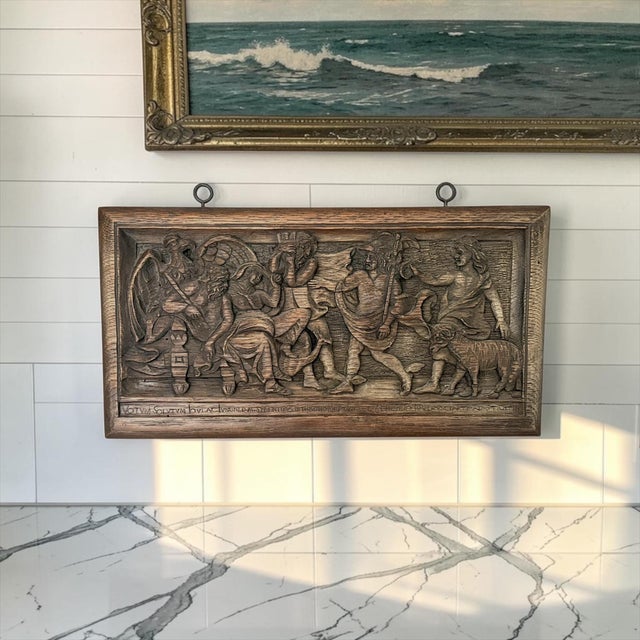 Early 20th Century Renaissance Revival Carved Oak Wall Plaque Depicting Jupiter, Juno, Neptune & Mercury For Sale In Los Angeles - Image 6 of 7