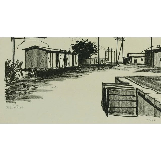 Urban landscape is an original modern artwork realized by Enotrio Pugliese in the mid-20th Century. Black and white...