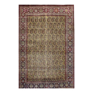 Vintage Persian Tabriz Rug, Hand-Knotted Wool, Allover Paisley Pattern, Chartreuse & Red, 5x6 For Sale