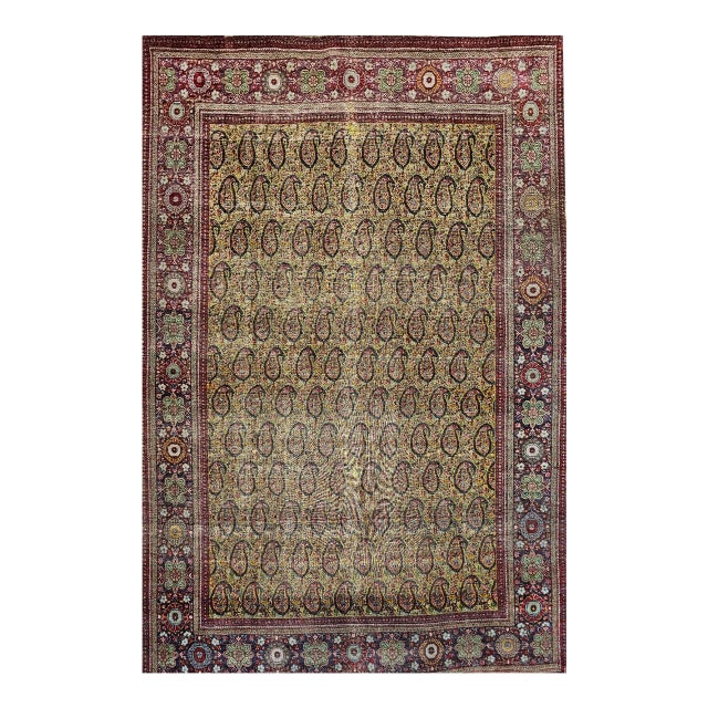Vintage Persian Tabriz Rug, Hand-Knotted Wool, Allover Paisley Pattern, Chartreuse & Red, 5x6 For Sale