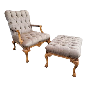 Vintage French Louis XV Style Fauteuil Armchair & Ottoman Newly Reupholstered in Mohair