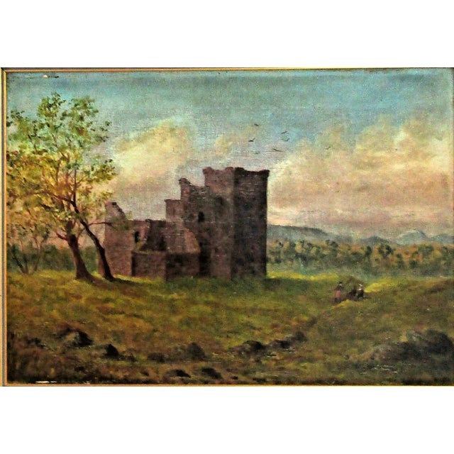 This Victorian Original Oil Painting features a beautiful depiction of castle ruins with people, set in a gold gilded...