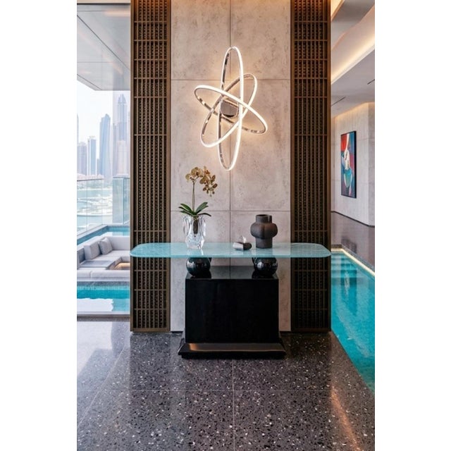 Black Vintage Post Modern Black Lacquer Sphere Glass Top Karl Springer Style Console Table For Sale - Image 8 of 11