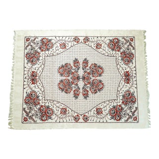 Vintage Hand Printed Indian Cotton Banquet Tablecloth With Jacquard Floral Damask & Fringe For Sale
