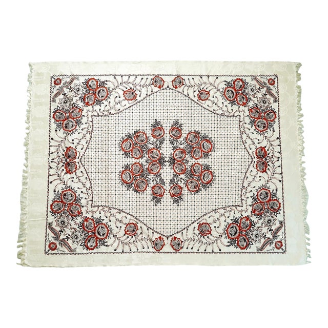 Vintage Hand Printed Indian Cotton Banquet Tablecloth With Jacquard Floral Damask & Fringe For Sale