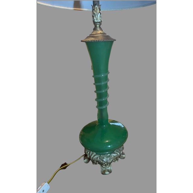 Art Nouveau Vintage Jade Green Steuben Art Glass Table Lamp With Applied Decoration For Sale - Image 3 of 11