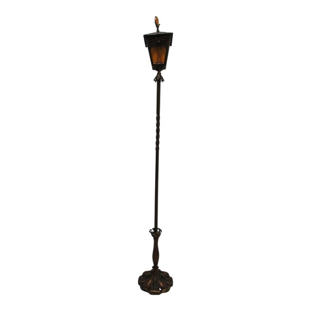 Antique Art Nouveau Etched Metal Pole Floor Lamp For Sale