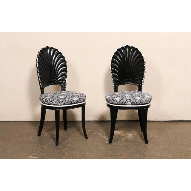 A pair of painted wood grotto Italian side-chairs with upholstered seats, from the mid/later part of the 20th century....