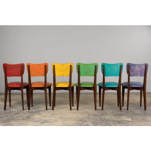 Mid Century Modern French Oak Dining Chairs in Rainbow Vinyl - Set of 6 For Sale - Image 18 of 18