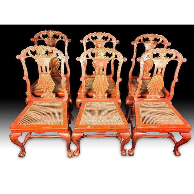 Gold Japanese George II Style Red and Gilt Side Chairs, Set of 6 For Sale - Image 8 of 14