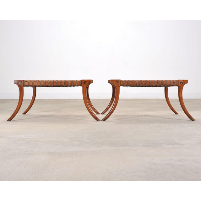 Mid-Century Modern Pair of Robsjohn-Gibbings Style Walnut Klismos Rope Benches For Sale - Image 3 of 18