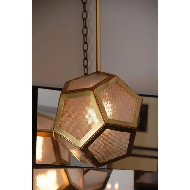 Geometric Brass, Tan Leather and Glass 'Pentagone' Lantern by Design Frères For Sale In Los Angeles - Image 6 of 7