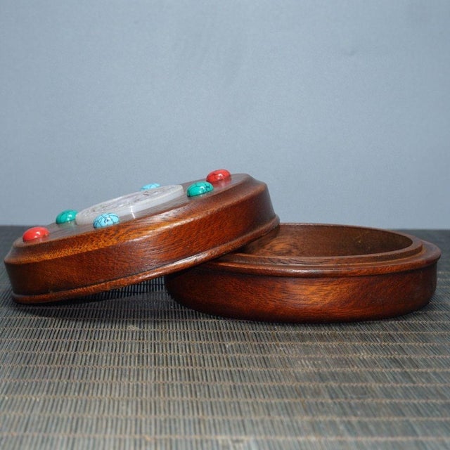Gemstone Antique Huali Wood Jewelry Box With Carved Jade Center and Turquoise Stones For Sale - Image 7 of 9