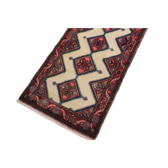 Geometric Persian Tribal Ivory/Red Wool Runner Rug- 2'6'' X 9'9'' For Sale - Image 4 of 10