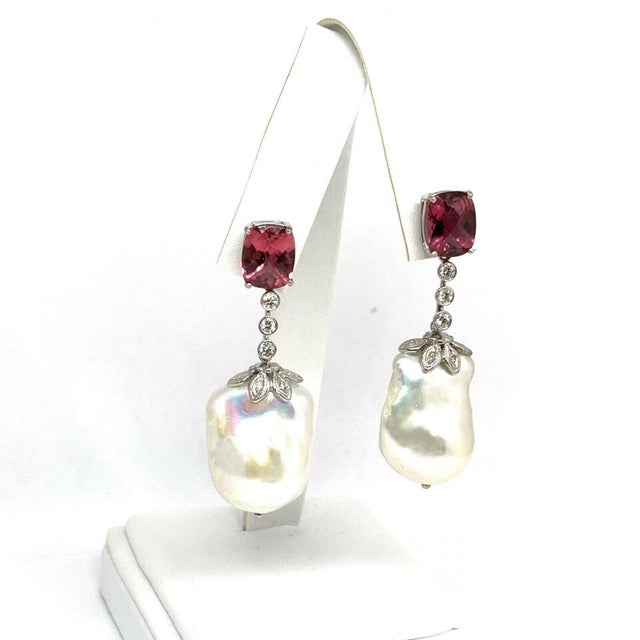 Diamond Rubellite Tourmaline Pearl Earrings 18k Gold 6.25 TCW Certified For Sale - Image 11 of 12