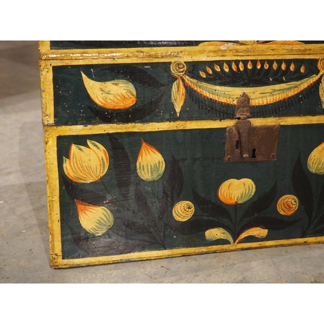 19th Century Hand Painted Polychrome Trunk With Floral Decor, Normandy France For Sale - Image 10 of 18