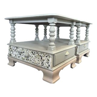 Mosaic Coastal End Tables in Seafoam Green With Mosaic Pebble Accents For Sale