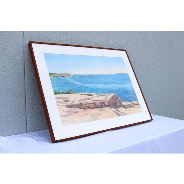 Sky Blue 1986 Hannah Ferenbach Rocky Coastal Seascape Watercolor Painting One-of-a-Kind For Sale - Image 8 of 18