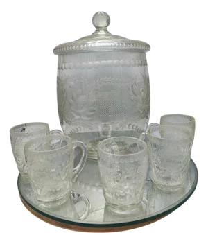 Art Deco Glass Punch Container and Glasses, 1920s, Set of 6
