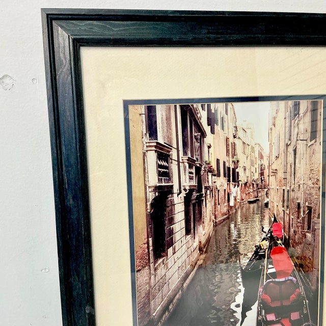 1980s Vintage Italian Boho Chic Cityscape Canal With Red Gondola at Dock Framed Photography For Sale - Image 13 of 18