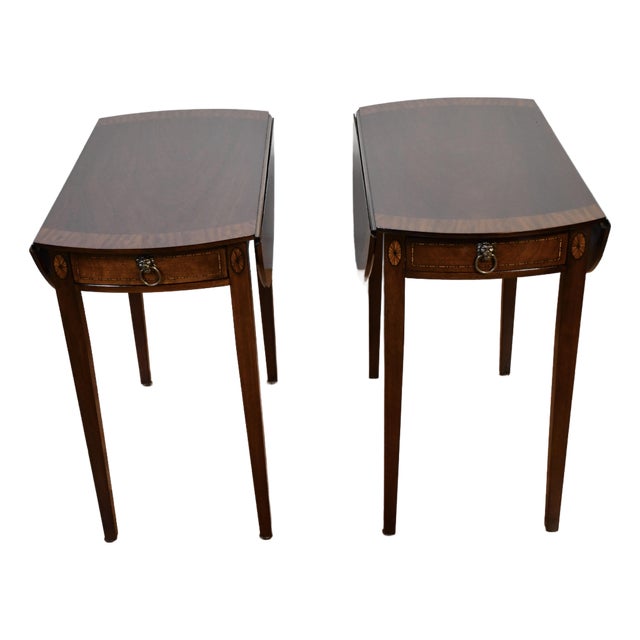 1930s Pair of English Regency Mahogany Banded Satinwood Pembroke Side Tables / End Tables For Sale