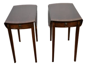 1930s Pair of English Regency Mahogany Banded Satinwood Pembroke Side Tables / End Tables