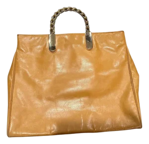1990s Light Tan Leather and Gilded Metal Italian Tote Bag by Edoardo Giannotti
