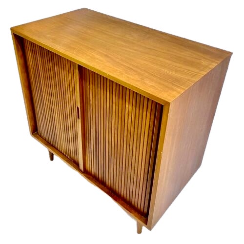 Vintage Danish Mid-Century Modern tambour style cabinet with three red lacquered pull out drawers and top pull-out shelf....