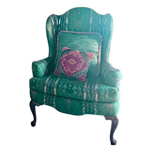 Vintage 1990s Ethan Allen Queen Anne Sussex Wingback Chair – Emerald Green Damask For Sale