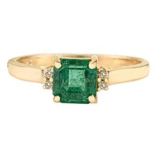 Certified 1Ct Square Cut Natural Emerald & Diamond Solitaire Ring Size 5 in 14k Gold For Sale