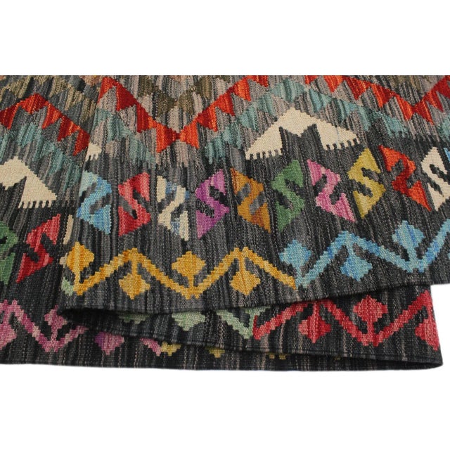 2000 - 2009 Early 21st Century Southwestern Kilim Charcoal Green Wool Rug For Sale - Image 5 of 8