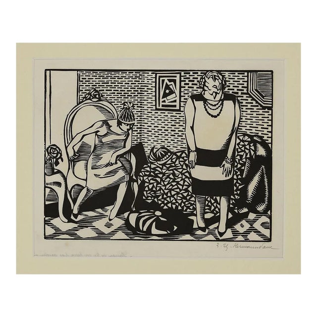 Hermann-Paul, The Conversation, Woodcut Print, 1920s For Sale