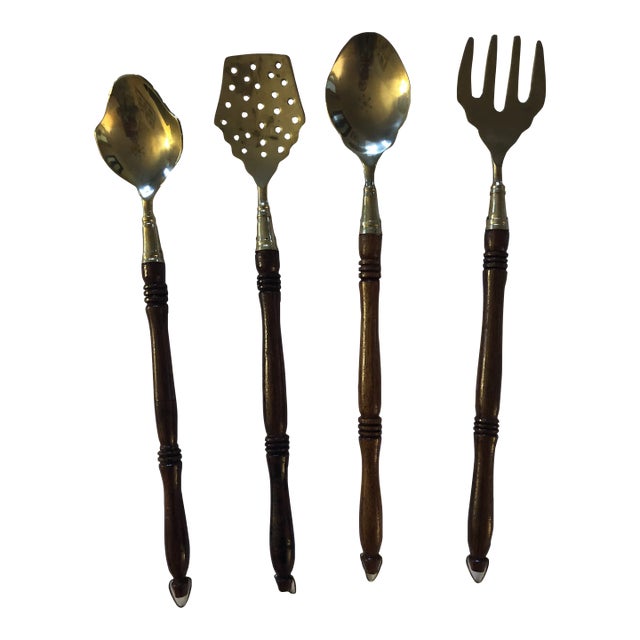 Mid 20th Century Hanging Solid Brass With Wooden Handle Kitchen Cooking Utensils Set of 4 For Sale