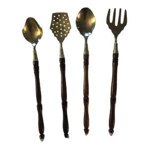 Mid 20th Century Hanging Solid Brass With Wooden Handle Kitchen Cooking Utensils Set of 4
