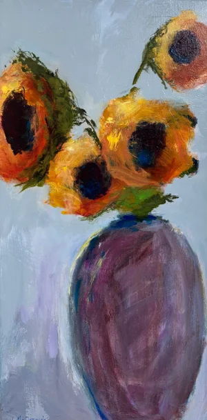 “Sunflowers in Violet Light” Original, Acrylic, Modern Impressionistic Floral Still Life by Linda McDonough