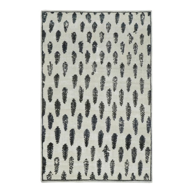 Rug & Kilim's Block Print Rug With Textural Botanical Motif in Ivory & Black For Sale