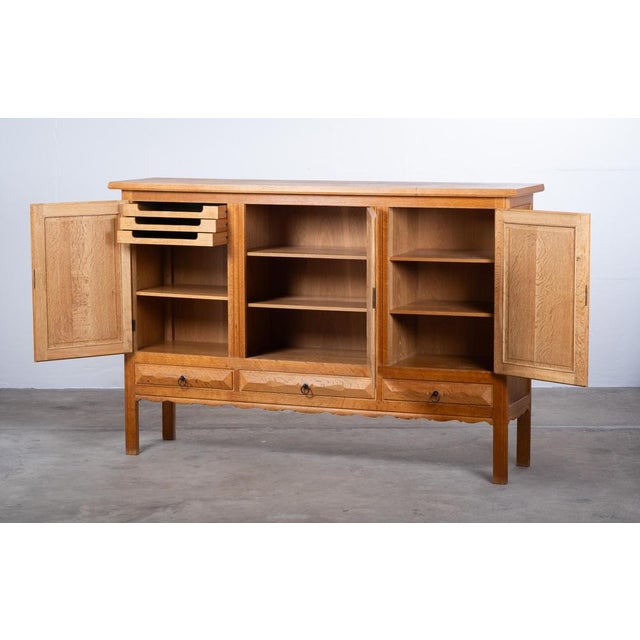 Gold Brutalist Oak Sideboard attributed to Henning Kjærnulf, Denmark, 1960s For Sale - Image 8 of 16
