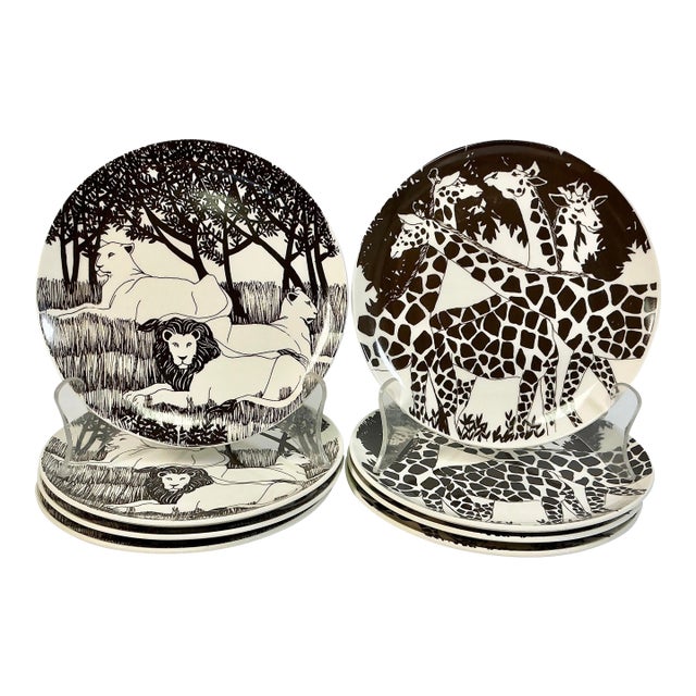 1970s Vintage Safari Boho Chic Lion & Giraffe Salad Plates - Set of 8 For Sale