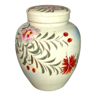 Mid Century Hand Painted Floral Lidded Jar For Sale