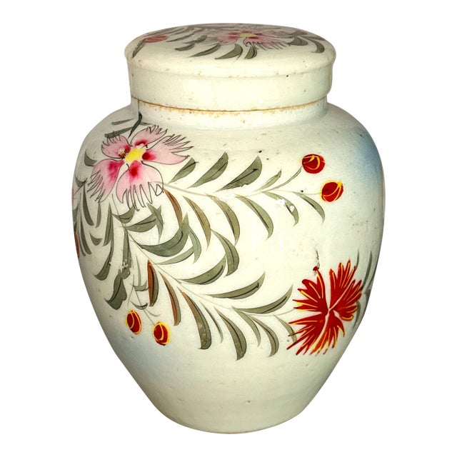 Mid Century Hand Painted Floral Lidded Jar For Sale