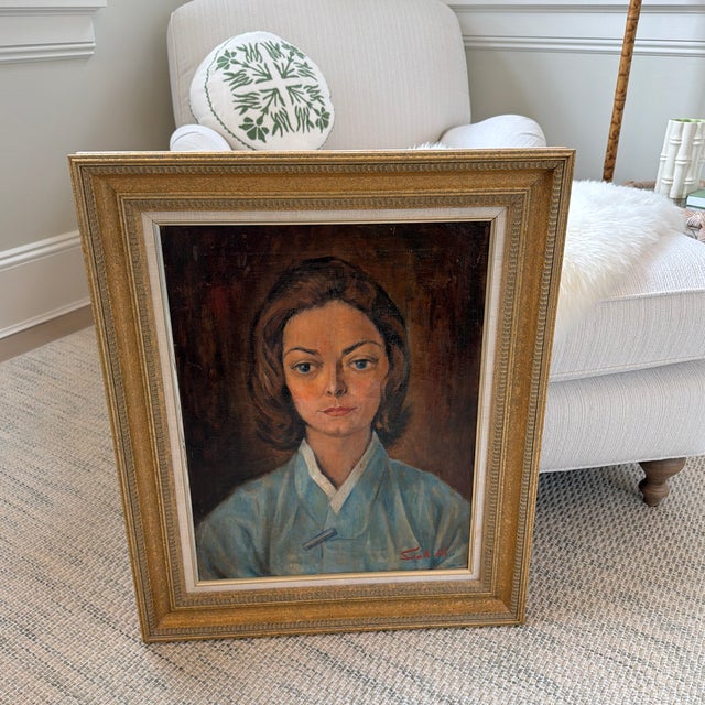 Signed original midcentury oil portrait of a woman beautifully framed. Purchased from the estate of a prominent Hamptons...