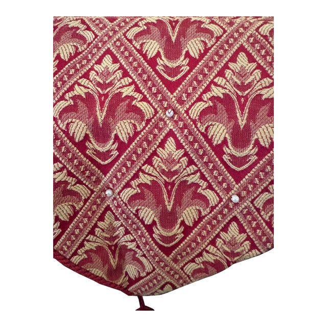 Brocade Mantle Scarf. Gold Woven Medallion Motif. Seed Pearls Added.tassel Trim on Pointed Ends. Machine Woven 7’ For Sale