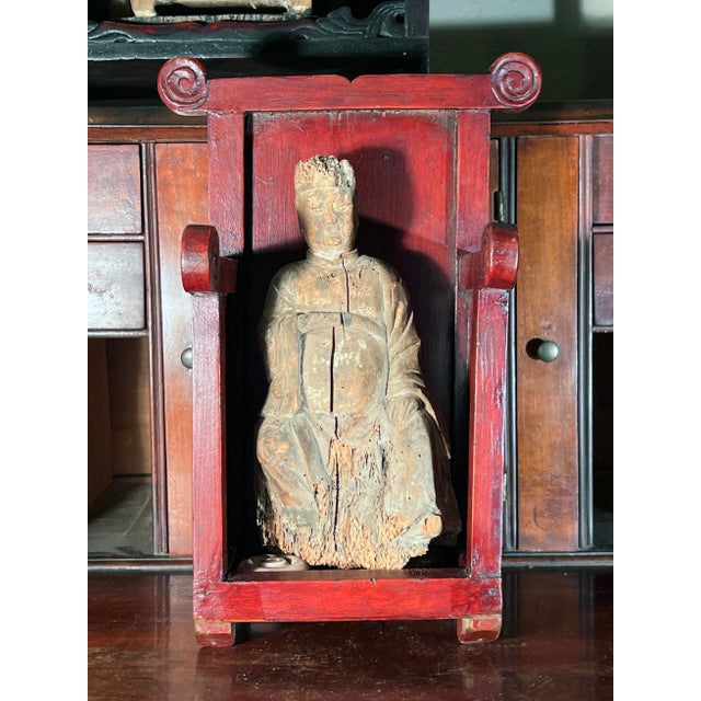 Red Early 19th Century Carved Chinese Immortal Deity Figurine in the Red Throne Chair For Sale - Image 8 of 12